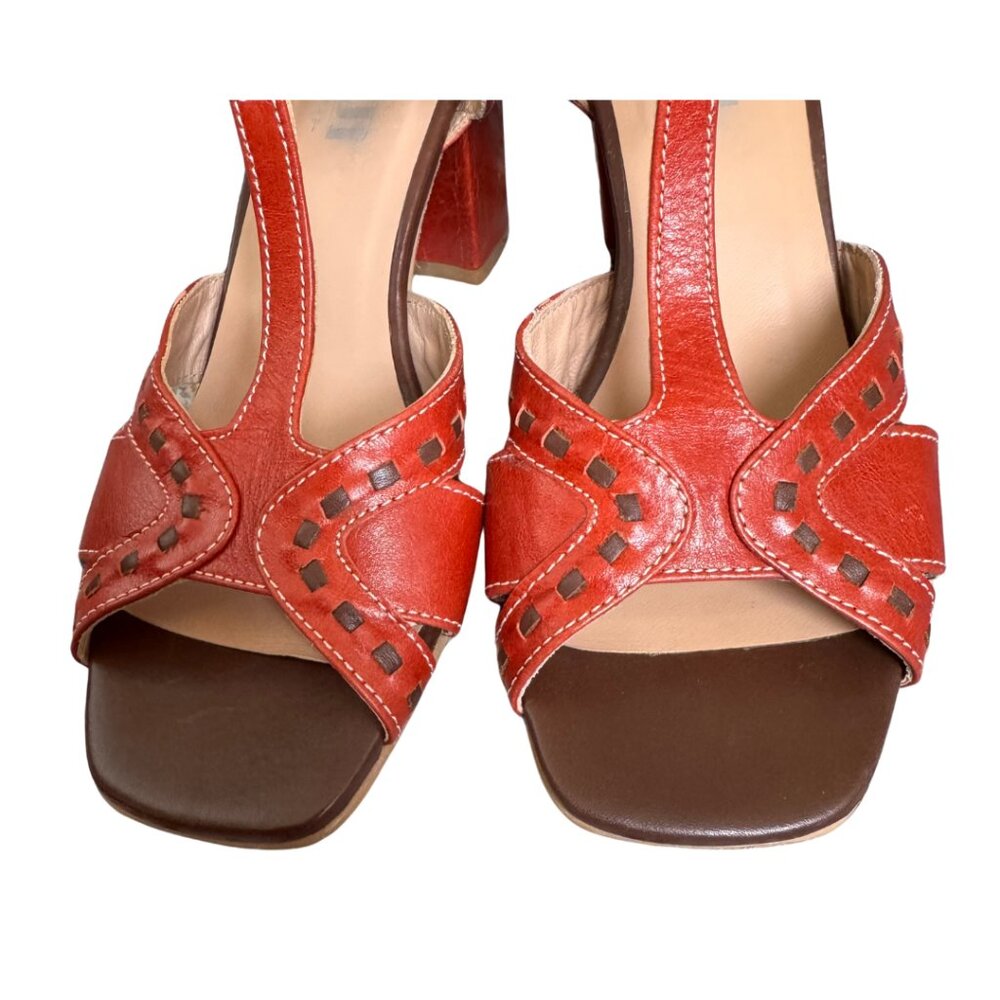 Fidji Orange Leather T-Strap Sandals Buckle Ankle Comfort Artisan Size 8.5 - Picture 6 of 8